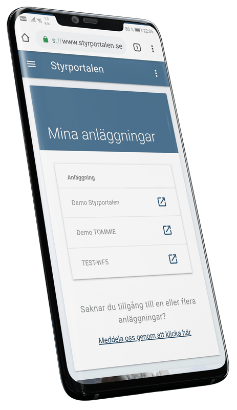 När användaren har loggat in går det enkelt att se och hantera samtliga anläggningar